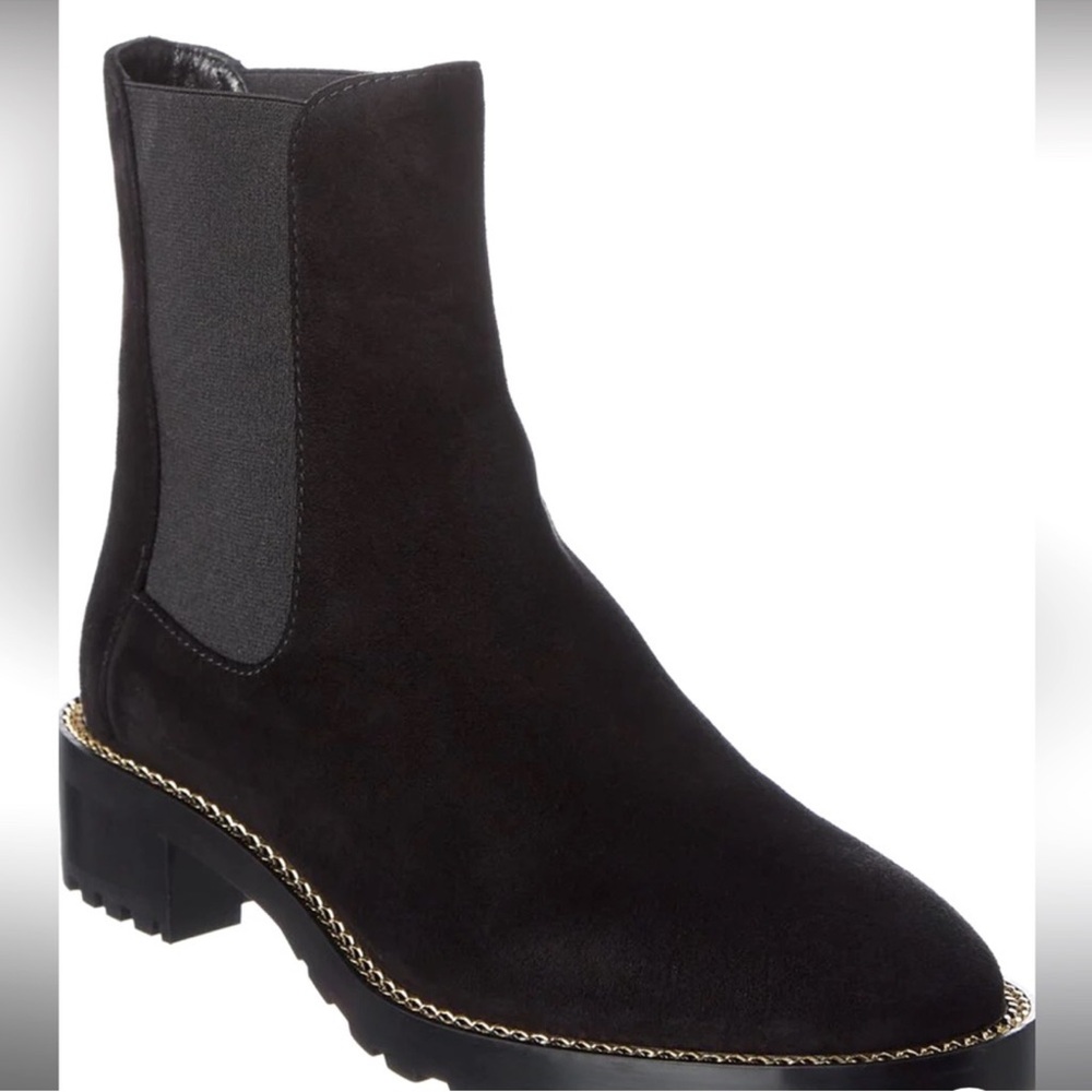 Stuart Weitzman Kolbie Chelse Black Ankle Boots with Gold Trim